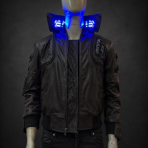 Samurai läderbomberjacka | Handgjord Cyberpunk 2077 Cosplay V-jacka | LED-krage present till honom