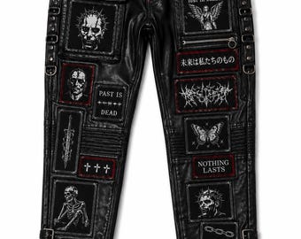 Gothic Punk Leather Pants – Handmade Patchwork Biker Trousers | Cyberpunk Streetwear Alt Fashion Black Pants