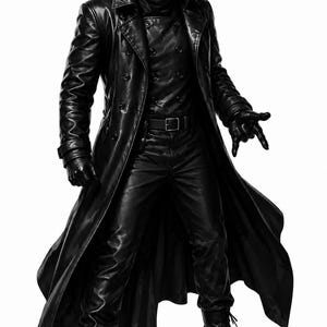 May include: A black and white illustration of a figure in a long leather coat, hat, and mask. The figure is wearing a black hat, a black mask, and black gloves. The coat is buttoned up and the figure is standing with one hand outstretched.