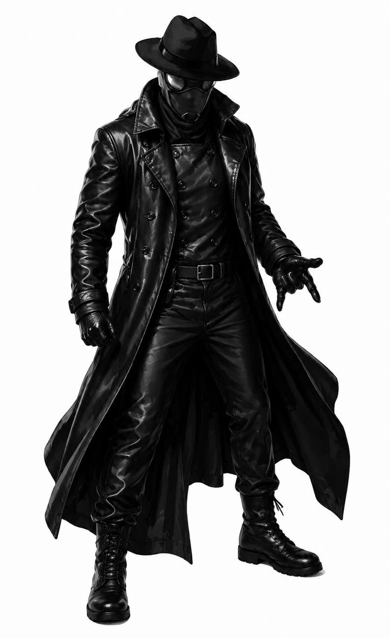 May include: A black and white illustration of a figure in a long leather coat, hat, and mask. The figure is wearing a black hat, a black mask, and black gloves. The coat is buttoned up and the figure is standing with one hand outstretched.