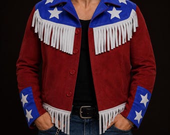 Western Fringe Suede Leather Jacket | Red White Blue Patriotic Star Jacket | Handmade Americana Flag Outfit For Men & Women