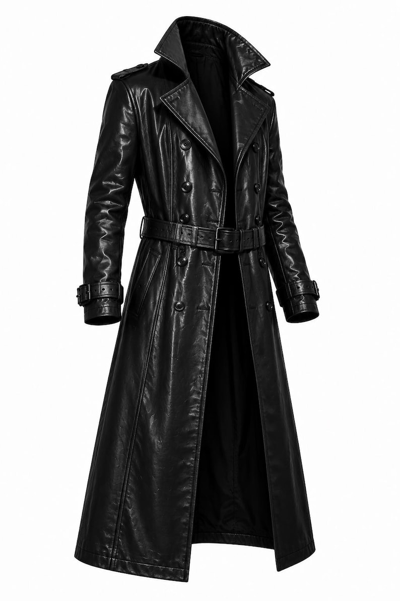 May include: A long, black leather trench coat with a double-breasted design. The coat features a wide collar, a belt at the waist, and button details. The sleeves have adjustable straps at the cuffs. A classic outerwear garment.