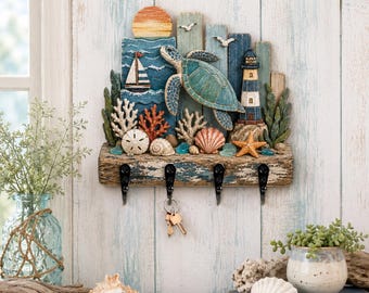 Coastal Turtle Key Holder, Beach House Wall Key Rack, Lighthouse Entryway Organizer, Nautical Wooden Key Hooks, Ocean Decor
