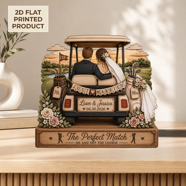 Golf Wedding Keepsake 2DFLAT Block, Personalized Golf Cart Wedding Gift, The Perfect Match Decor, Golfer Couple Anniversary Gift