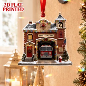 Firehouse Christmas Keepsake, Fire Station Ornament, 2D Flat Printed Firefighter Gift, First Responder Holiday Decor