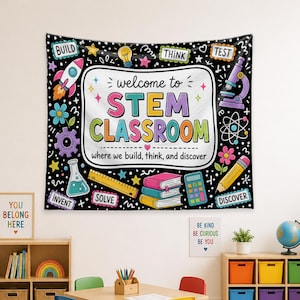 May include: A black wall tapestry featuring the text "welcome to STEM CLASSROOM where we build, think, and discover" in the center. The design includes colorful illustrations of a rocket, microscope, books, ruler, pencil, and calculator.