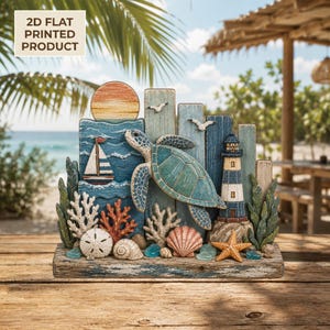 May include: A 2D flat printed decorative sign featuring a sea turtle swimming past a lighthouse and sailboat. The scene includes a sunset, seagulls, coral, seashells, and a starfish on a weathered wooden plank base. Text reads 2D FLAT PRINTED PRODUCT.