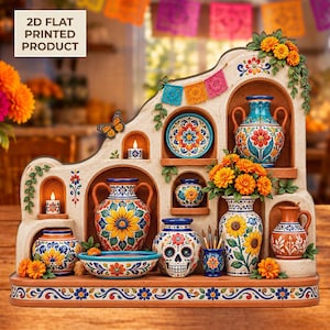 Puede incluir: Un expositor impreso plano en 2D con una estructura de varios niveles y nichos arqueados. Muestra jarrones coloridos de estilo cerámico, una calavera, un cuenco y arreglos florales con girasoles y cempasúchil, acentuados por una mariposa.