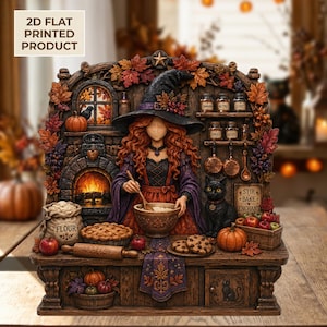 May include: A 2D flat printed product featuring a witch with long red hair and a black hat mixing ingredients in a bowl. The scene includes a fireplace, shelves with spice jars, a black cat, a flour sack, a pie, cookies, and autumn leaves.