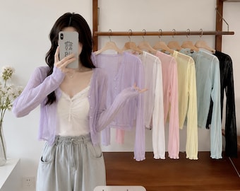 Women's Lightweight Knit Cardigan, Sheer V-Neck Long Sleeve Top, Casual Layering Sweater, Summer Cover Up, Fashion Blouse