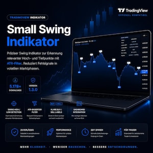 Puede incluir: Una computadora portátil muestra una interfaz de trading con un gráfico azul y blanco, etiquetado como "Small Swing Indikator". La pantalla muestra datos financieros, con texto en alemán. El logotipo de TradingView está en la esquina superior derecha. La imagen promociona un indicador de trading.
