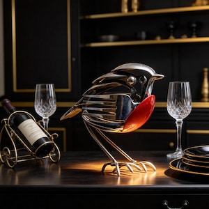 Op de afbeelding: Een vogelsculptuur gemaakt van zilverkleurig metalen bestek, met een opvallende felrode borst. De vogel staat op dunne metalen poten en is geplaatst tussen een wijnfles in een goudkleurige houder en een kristallen wijnglas.