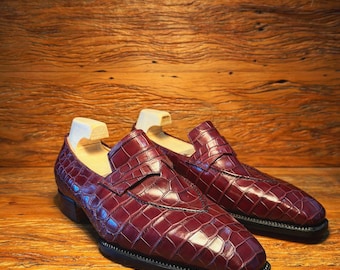 New Handmade Alligator Embossed Leather Penny Loafer For Men