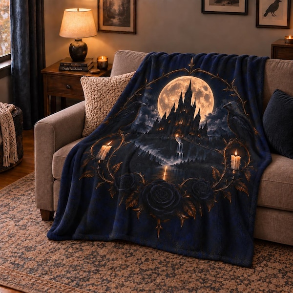 Gothic Raven Queen Castle Velveteen Blanket | Dark Fantasy, Candles, Moonlits