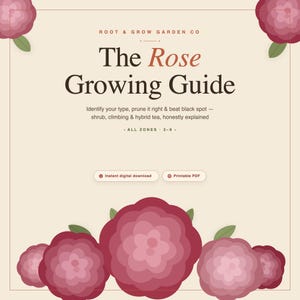 Op de afbeelding: Een digitale gids getiteld The Rose Growing Guide van Root & Grow Garden Co. Het crèmekleurige document bevat donkere tekst, roze en bordeauxrode bloemillustraties en knoppen met de tekst Instant digital download en Printable PDF.