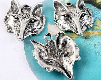 5 Large Fox Head Face Charms - Antique Silver - 28mm x 23mm - US SELLER