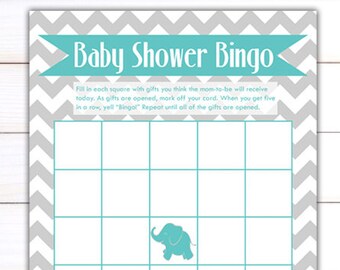 PDF - Baby Shower Bingo Party Game - Turquoise Grey Modern Chevron Stripe Elephant - Digital Printable DIY - Instant Download Modern