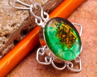 Golden Green Dichroic Glass Art Pendant Charm in Sterling Silver - One Of A Kind OOAK - US SELLER