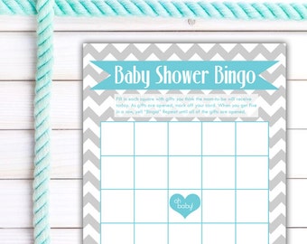 PDF - Baby Shower Bingo Party Game - Aqua Grey Modern Chevron Stripe Heart - Digital Printable DIY - Instant Download Modern