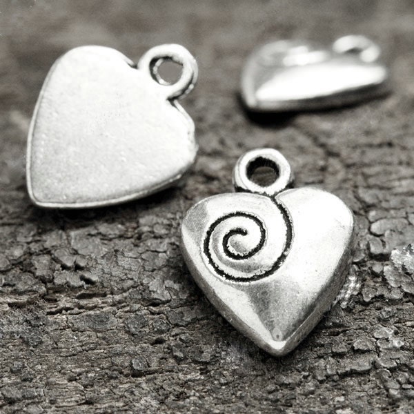 10 Hypnotic Spiral Heart Charms Pendants Antique Tibetan Silver 14mm x 10mm - US SELLER