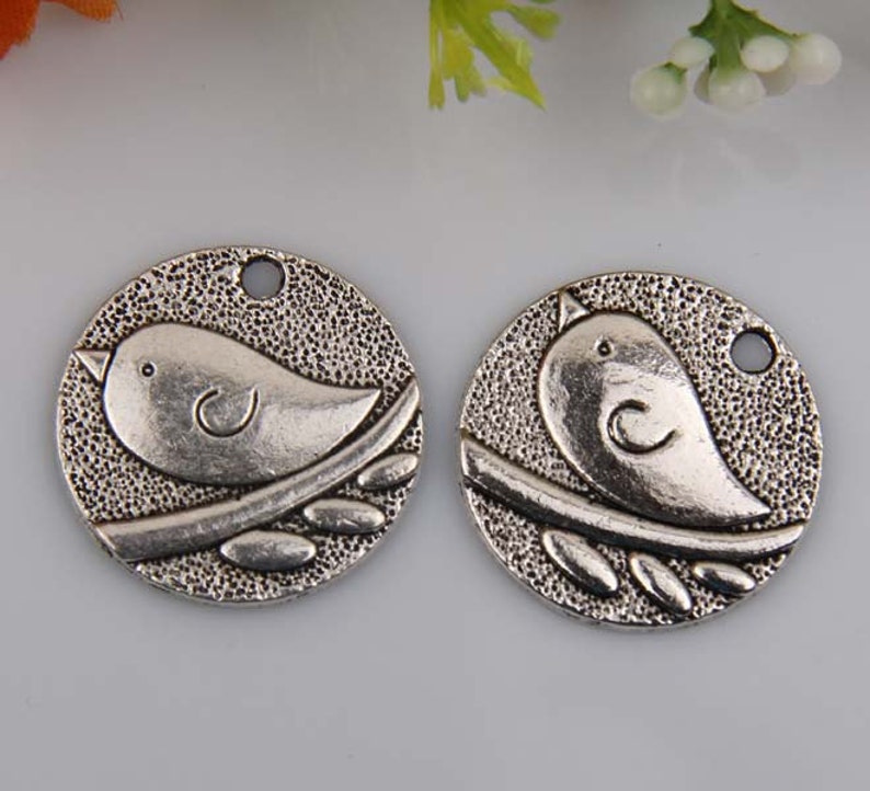 5 Antique Silver Kawii Cute Chubby Bird Coin Charms Beads 25mm US SELLER image 3