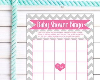 PDF - Baby Shower Bingo Party Game - Rose Pink Grey Modern Chevron Stripe Heart - Digital Printable DIY - Instant Download Modern