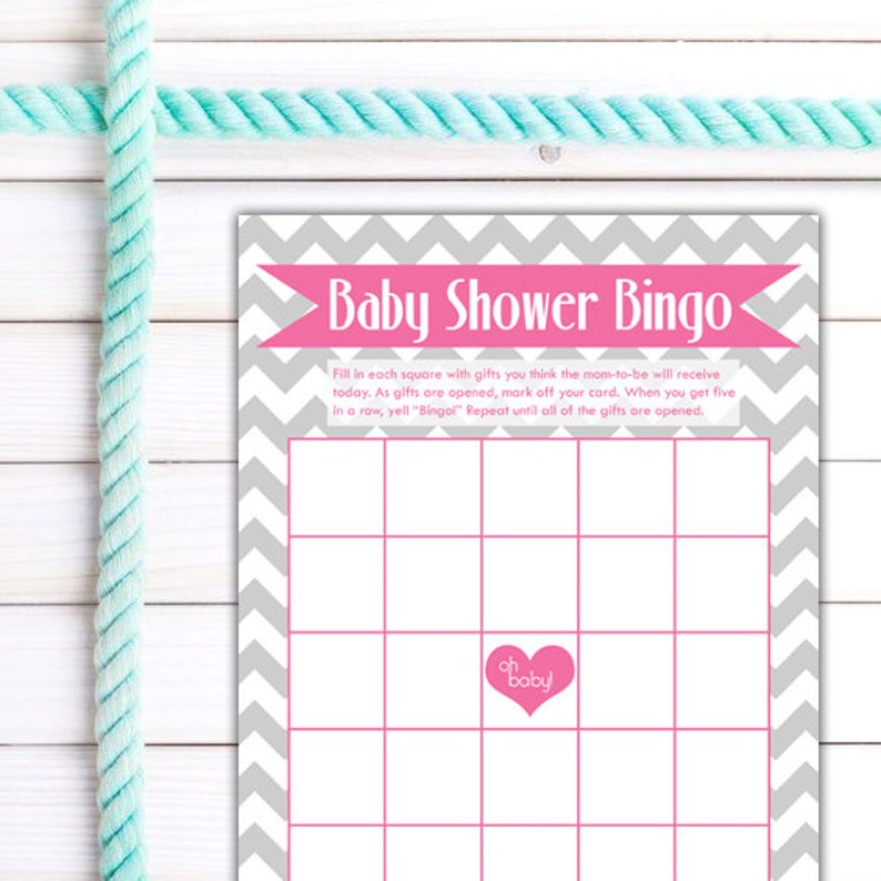 PDF Baby Shower Bingo Party Game Rose Pink Grey Modern Chevron Stripe