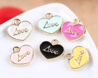 5 "Love" Hearts with Word Love Gold Enamel Charms Script Cursive Calligraphy - 12mm - Assorted Colors - US SELLER