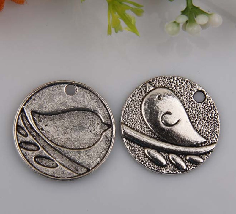 5 Antique Silver Kawii Cute Chubby Bird Coin Charms Beads 25mm US SELLER image 4