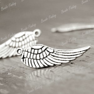 6 Silver Antique Feathered Wing Wings Angel Symbol Charms 30mm - US SELLER