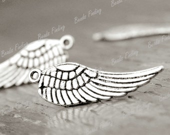6 Silver Antique Feathered Wing Wings Angel Symbol Charms 30mm - US SELLER