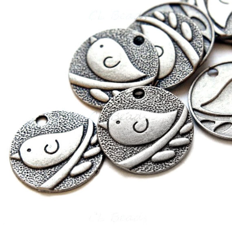 5 Antique Silver Kawii Cute Chubby Bird Coin Charms Beads 25mm US SELLER image 1