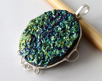 Peacock Green Rainbow Druzy Geode Pendant Charm in Sterling Silver - One Of A Kind OOAK - US SELLER