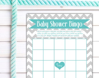 PDF - Baby Shower Bingo Party Game - Turquoise Grey Modern Chevron Stripe Heart - Digital Printable DIY - Instant Download Modern