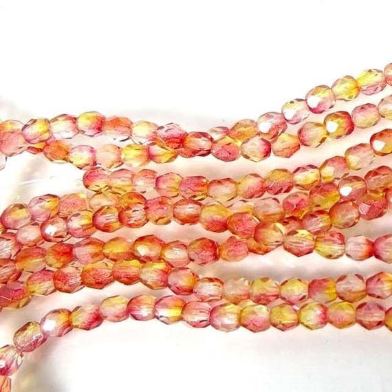 50 Firepolish Czech Glass Faceted Round Beads Dual Coated Orange Teal 4mm