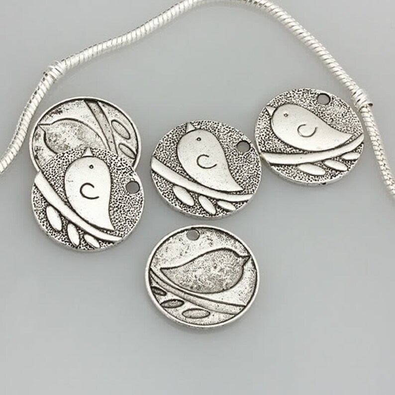 5 Antique Silver Kawii Cute Chubby Bird Coin Charms Beads 25mm US SELLER image 2