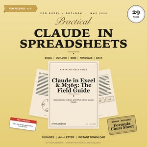 Könnte beinhalten: Ein Leitfaden mit dem Titel "Claude in Tabellenkalkulationen" mit dem Text "Claude in Excel & M365: Das Feldhandbuch". Das Cover ist weiß mit schwarzem Text, der Hintergrund ist hellgelb. Enthält ein Formel-Spickzettel.