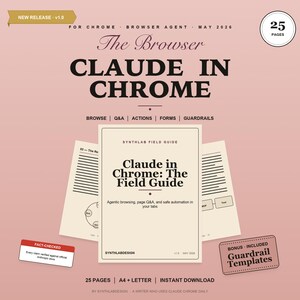 Può includere: Una guida digitale intitolata "Claude in Chrome: The Field Guide" con il testo "Agentic browsing, page Q&A, and safe automation in your tabs." La guida è su uno sfondo rosa con il testo "The Browser Claude in Chrome."