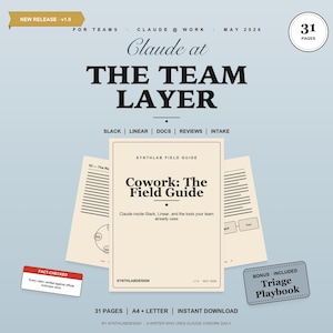 Op de afbeelding: Een digitale gids getiteld "Cowork: The Field Guide" met de tekst "Claude at THE TEAM LAYER." De gids bevat de tekst "Slack, Linear, Docs, Reviews, Intake." Extra tekst omvat "31 pagina's", "A4 + Letter" en "Direct downloaden."