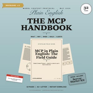 Può includere: Un manuale intitolato "THE MCP HANDBOOK" con il testo "MCP in Plain English: The Field Guide" sulla copertina. Il design include un bonus "Server Starter Kit" ed è di 32 pagine. Il manuale è una "Nuova versione" di maggio 2026.