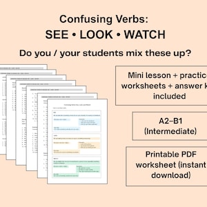 Puede incluir: Recurso educativo con hojas de trabajo sobre los verbos confusos SEE, LOOK y WATCH. Incluye una mini lección, hojas de ejercicios y una clave de respuestas. El texto indica que las hojas de trabajo son para estudiantes intermedios.