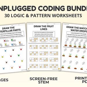 Unplugged Coding Worksheets for Kids | 30 Page Preschool Match and Draw Busy Book PDF | Logic Puzzles | Ages 3-6 Screen-Free STEM Activity