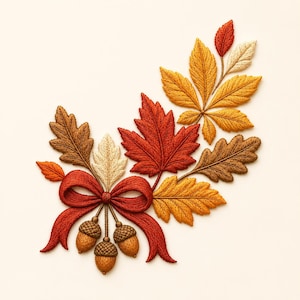 Puede incluir: Un parche bordado que presenta un grupo de hojas de otoño en tonos rojo, naranja, amarillo y marrón, acentuado por tres bellotas colgantes y un lazo de cinta roja central. El diseño muestra costuras detalladas y colores otoñales vivos.