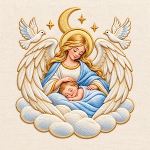 Disegno per ricamo a macchina di un angelo custode madre e bambino, ali d'angelo bambino addormentato, file di ricamo religioso cristiano