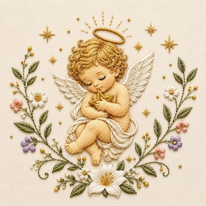 Diseño de bordado de ángel bebé durmiendo, querubín con estrella, decoración celestial para guardería, archivo de bordado religioso a máquina