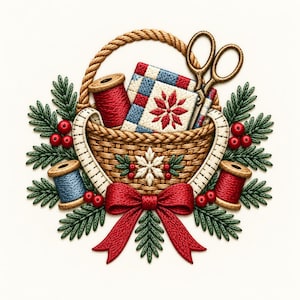 May include: A woven basket filled with a red spool of thread, a blue spool of thread, and a quilted square featuring a red snowflake pattern. A pair of brass scissors, a white measuring tape, a red bow, green pine needles, and red berries.