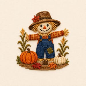 May include: An embroidered patch featuring a scarecrow wearing a brown hat with a red leaf, a plaid shirt, and blue overalls. The scarecrow stands between two stalks of corn, a large orange pumpkin, a small white pumpkin, and fallen leaves.