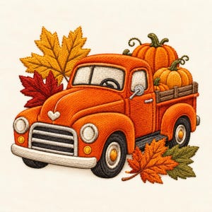 May include: An embroidered design of an orange pickup truck carrying pumpkins in its bed. The truck features a small heart emblem on the hood. Large yellow and red maple leaves are positioned behind and in front of the vehicle on a cream background.