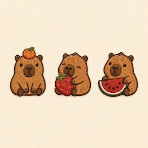 May include: Three embroidered patches featuring brown capybaras. The first capybara has an orange on its head, the second holds a red strawberry, and the third holds a slice of watermelon. Each patch has a dark brown stitched outline.