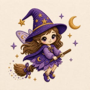 Könnte beinhalten: Ein gestickter Aufnäher mit einer Zeichentrickfigur mit braunem Haar, die einen violetten Hexenhut mit goldenen Sternen und einen violetten Umhang trägt. Die Figur hat hellviolette Flügel, reitet auf einem braunen Besen und ist von goldenen Sternen und einem Halbmond umgeben.